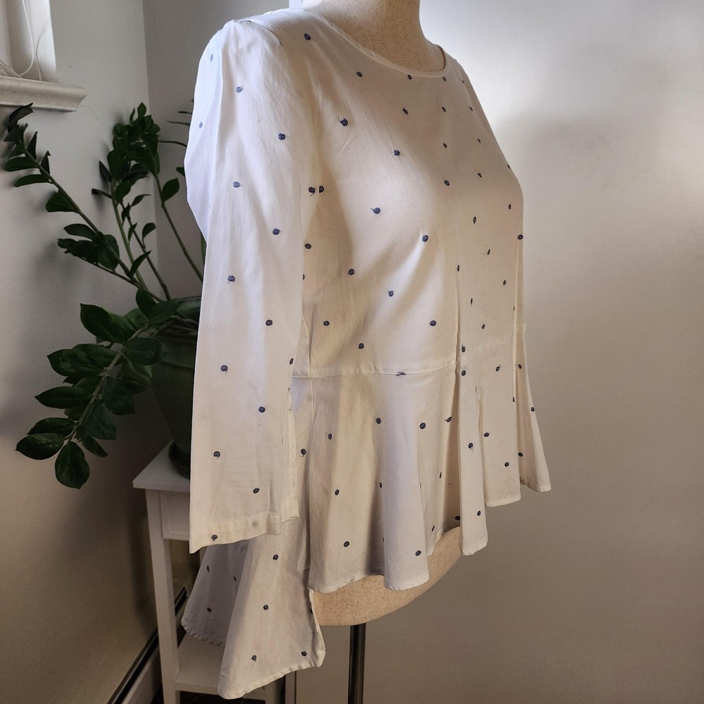 White & blue polka dots peplum blouse, flowy long button down back - Picture 8 of 10
